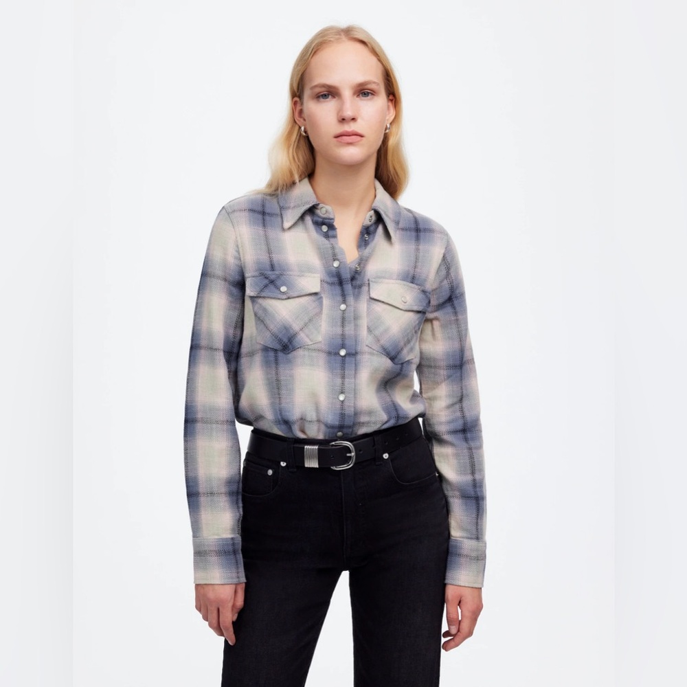 MADEWELL Flannel Snap-Front Shirt in Plaid in Ashen Blue Size 0